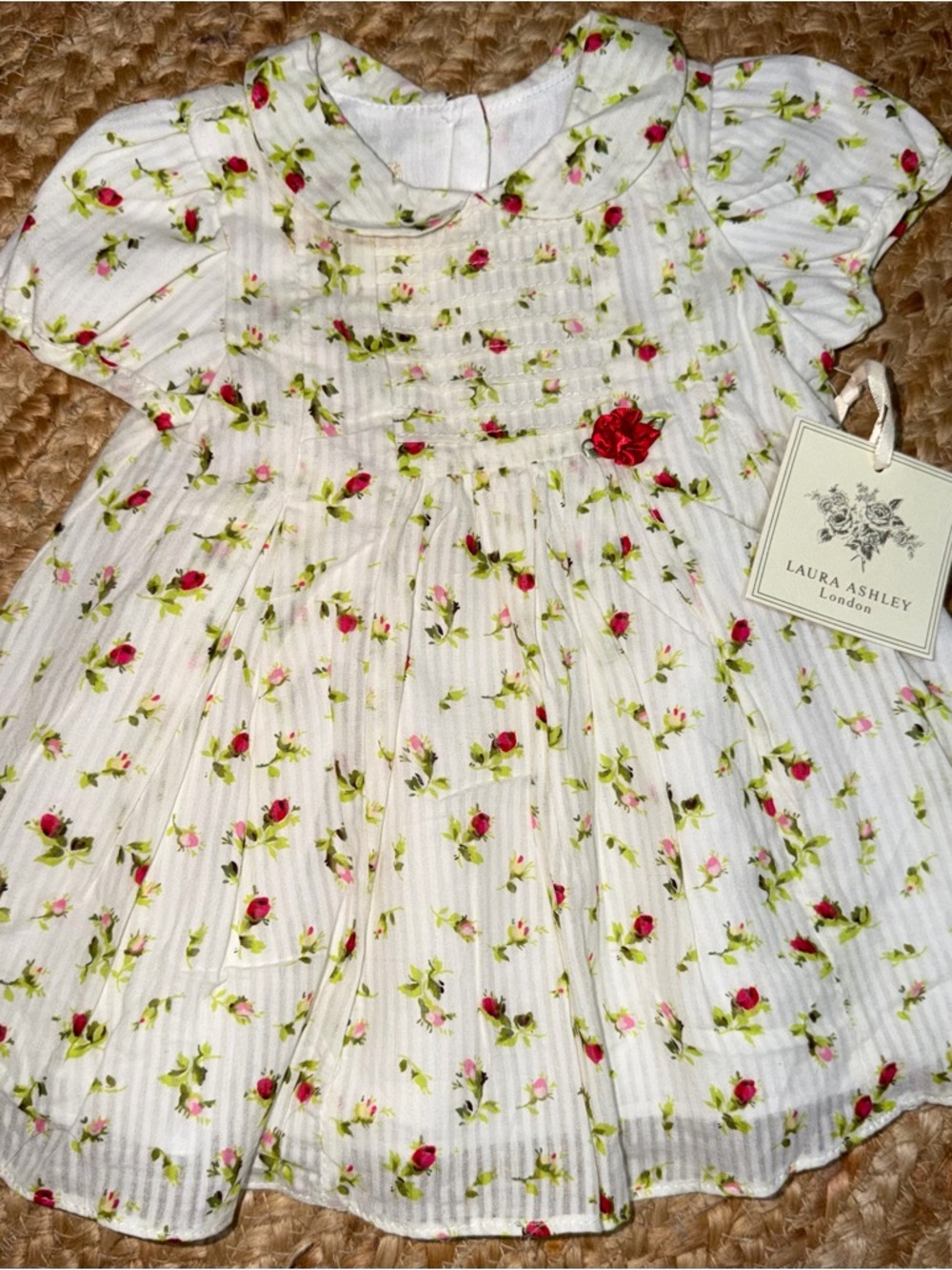Laura Ashley London 3-6 White Dress with Red and Pink Rose Print